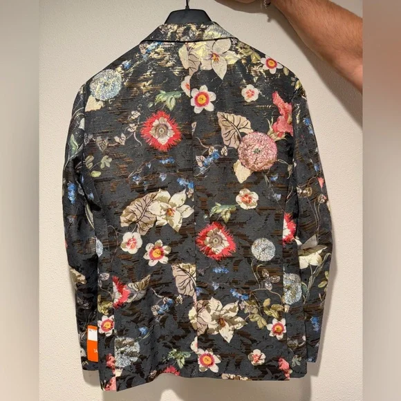TALLIA Black Floral Jacquard Blazer with Multicolor Blooms